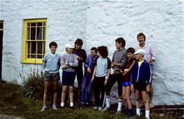 The group at Rowen youth hostel.  L to R: Rebecca, David, Andrew, Paul, Jonathan, Jeremy, Chris and Stephen .. with the warden behind