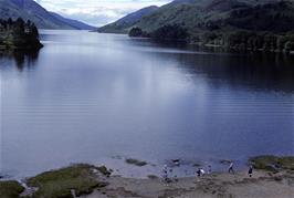 View of the youngsters playing with the dog on the egde of Loch Shiel, taken from the top of the Glenfinnan Monument by Michael who was holding onto something solid