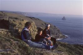 Michael Jones, Mark Morris and Jason Morris relaxing outside Tintagel YH