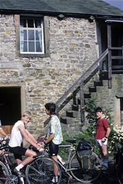 The courtyard at Slaidburn YH, steps leading to our dormitory.  LtoR: Matthew Burrows, Graham Moates & Gary Johnson