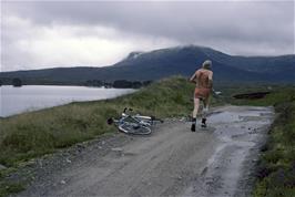 The warden of Loch Ossian hostel, running around the lake in an hour!