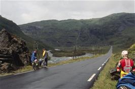 First sight of the hairpin bends of today's big climb, Halsabakkane, with the river Storelvi flowing quickly towards us [Remastered scan, 26/9/2019]