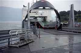 Our enormous double-decker ferry, Stryn, built in 1979, prepares to load up at Vangsnes [Remastered scan, 23/9/2019]