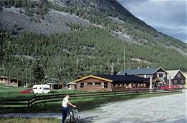 Shane at the entrance to Skjak YH, Mogard, Bismo, with our chalet visible behind [Remastered scan, 16/9/2019]