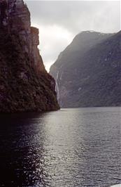 View around the first bend in Geirangerfjord towards the Seven Sisters waterfalls, on our cruise to Hellesylt [New scan, September 2019]