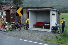 Shane tries out the luxury seating in the Tronstad bus shelter, about five miles up the mountain road from Hellesylt [Remastered scan, September 2019]