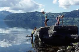 Fine weather at last to enjoy Norway's best scenery - a swim in Nordfjord on the approach to Innvik, with Ulvedal on the far side [Remastered scan, August 10`9]