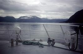 Our fast hydrofoil ferry speeds us along the Sognefjord to the sea on a rather wet morning [Remastered scan, August 2019]