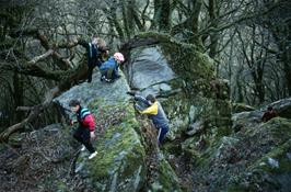 The youngsters explore the rocks around Pixie's Cave, in the woods by the West Dart River, Dartmeet [Remastered scan, August 2019]