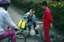 Alan Skinner, Philip Harler and Marcus Kudliskis preparing the bikes at Maypool YH [New scan, August 2019. Kodachrome 64 film]