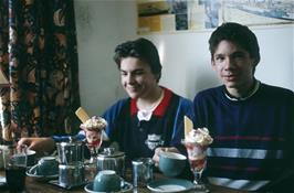 Martin Hills and Dayle Guy enjoying indulgent refreshments at the Foxtor Cafe, Princetown [New scan, July 2019.  Kodachrome 200 film]