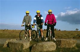 Julian Duquemin, Martin Hills & Dayle Guy pose for the camera on the stone island at Venford Reservoir car park [Remastered scan, July 2019.  Kodachrome 200 film]