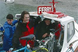 Simon and the two Neils have standing room only on the Helford Passage ferry as it prepares to set off with the first batch of our group [Remastered scan, July 2019.  Kodachrome 200 film]