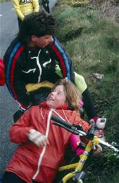 Eugene Tollemache, blown off his bike by the strong sidewinds on North Cliffs [Kodachrome 200.  New Scan, July 2019]