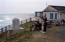 Paul Smith, Warren and Martin Luke admiring the view from Perranporth hostel [Kodachrome 200 transparency film.  Remastered scan, July 2019]