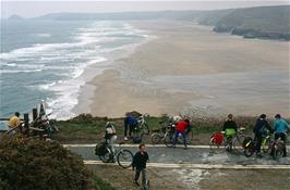 The amazing Perranporth beach, from the road that leads to the hostel [Kodachrome 200 transparency film.  Remastered scan, July 2019]