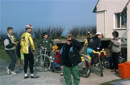 Preparing to leave Treyarnon Bay hostel:  Warren Masters, Mark Burnard, Neil Ault, Simon Hopper, David Platt, David Waldron, Jamie Davey and Eugene Tollemache [Remastered scan, July 2019]