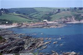 View back to Talland Bay from the coast path to Polperro, with the Smugglers Rest cafe just right of centre  [New scan, July 2019]