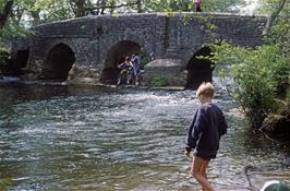 Martin Rushworth, Martin Hills and David Platt riding through the River Lynher under the bridge near Bramble Wood, Pillaton [New scan, July 2019]