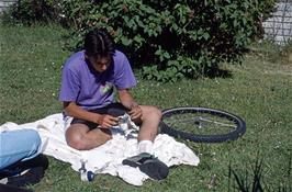 This photo was actually taken yesterday .. it's Martin Hills, re-greasing his hubs at Crofters in preparation for today's ride, with Neil watching him work [New scan, July 2019]