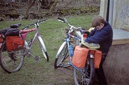 Joseph Bellows packs his bike at Llandeusant YH [Remastered scan, June 2019]