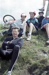 Dave Humphreys, Alex, Tom and Martin Luke at Cranbrook Castle, with Neil keeping Martin's helmet on [Remastered scan, June 2019]