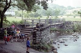 The end of the bridleway leading to Little Langdale.  Slaters Bridge is a little way along the Greenburn Beck to the left, but only Neil and Michael went to see it [Remastered scan, June 2019]