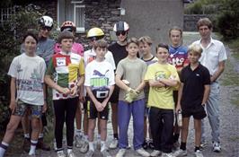 The group at Helvellyn YH.  Front LtoR Tim, Neil, Richard, Rufus, Arthur, David.  Back LtoR Peter, Ian, Mark, Roger, Martin, Simon, Michael [Remastered scan, June 2019]