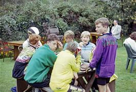 Horner cafe, West Luccombe: Seb Lessware, Jonathan Burgess, Ian Gibbs, Anthony Lowne, Nicholas Lowne, Roger Whalley (?), Dan Whittle, David Platt [Remastered scan, June 2019]