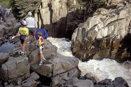 Andrew Walker, Neil Ault and Matthew Muir view High Force waterfall from above - with great care! [Remastered scan, June 2019]