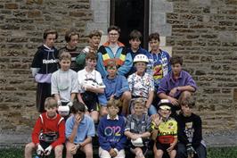Group photo at Greenhead YH.  L to R Back: Matthew Crabtree, Thomas Crabtree, Tim Guard, Paul Smith, Neil Ault, Nick Guard; Middle: Mark Evans, Richard Sudworth, Lukas Wooller, Ben Collins, Matthew Pryer  [Remastered scan, June 2019]