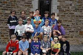 Group photo at Greenhead YH.  L to R Front: Matthew Muir, Richard Goss, Tristan Wooller, Paul Evans, Andrew Walker, Robert Walker [Remastered scan, June 2019]