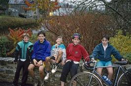 Chris Platt, Neil Ault, Eliot Wright, Paul Oakley and Richard Goss, plastered in mud, on Tuckenhay Bridge at the bottom of Corkscrew Hill. [Remastered scan, June 2019]