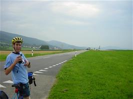 Michael finishing his video recording at Mariansteinstrasse, 0.8 miles into the ride