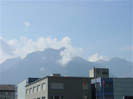 View to Bietenhorn and the Alpine mountains near Klein Scheidagg, seen from Interlaken Ost station