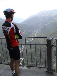 Tao looking back to Gletsch from the Rhone Glacier visitor centre