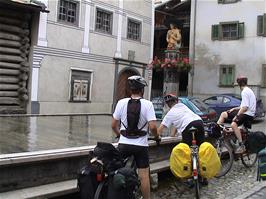 An afternoon water stop at Valendas, which boasts the largest wooden fountain in Europe, 45.9 miles into the ride