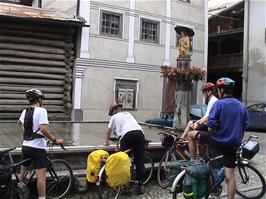 An afternoon water stop at Valendas, which boasts the largest wooden fountain in Europe, 45.9 miles into the ride
