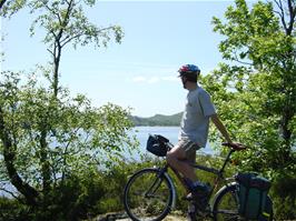 Tao on the banks of Eikelivatnet, our afternoon refreshment stop, 24.1 miles into the ride