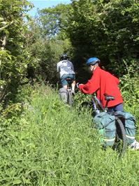 Tao and Will entering the overgrown track past Lower Reveton, Loddiswell
