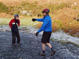 Keir and Oliver battle it out on the ice on the way up to the Avon Dam