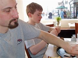 Tao and Joe in the Watchet café