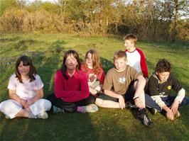 Sophie, Lydia, Megan, Scott, Derry and Harry at a clearing in Hembury Woods