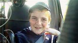 Josh in the carefully-packed car on the way to Liskeard
