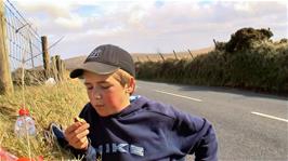 Josh refuels with some Fudge Shortcake on the approach to Davidstow Moor at Trevillian's Gate, 19.8 miles into the ride