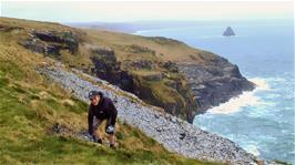 Josh has fun on the soft grass outside Tintagel Youth Hostel