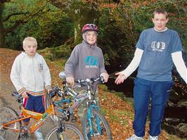 Glen, Zac and Ben surrounded by autumn leaves on the path to the Avon Dam