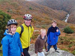 Charlie, Dave, Alex and Ashley on Dr Blackall's Drive, with the Dart Valley behind