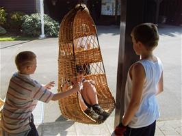 Ashley tries out the willow seat at the Wetlands centre