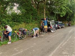 Unpacking the bikes at Langdon, near Canworthy Water